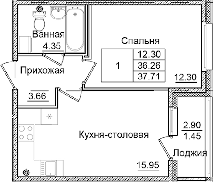 1-комнатная квартира 37.71 м², 2/9 эт., ЖК «Квартал Заречье»